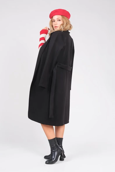 Kadın Astarsız Kuşaklı Kaşe Kaban Siyah - Resim 5