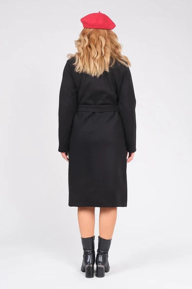 Kadın Astarsız Kuşaklı Kaşe Kaban Siyah - Resim 6