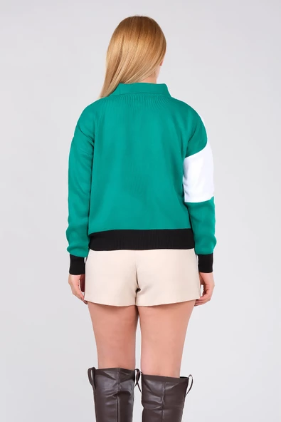 Kadın Polo Yaka Çift Renk Oversize Kazak Yeşil - 6