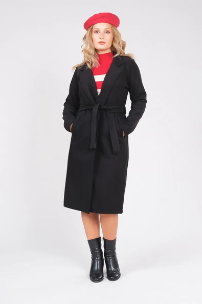 Kadın Astarsız Kuşaklı Kaşe Kaban Siyah - Resim 4