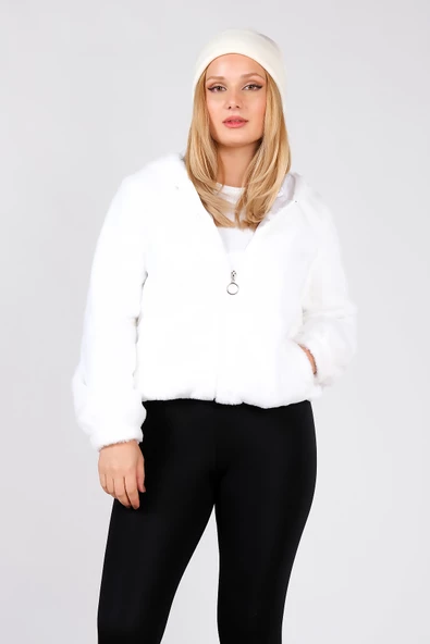 Kadın Kapüşonlu Peluş Mont Beyaz - 3