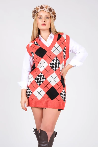 Kadın Baklava Desen Oversize Triko Süveter Turuncu - 2