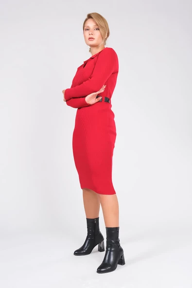 Kadın Polo Yaka Kemerli Triko Elbise Kırmızı - 2