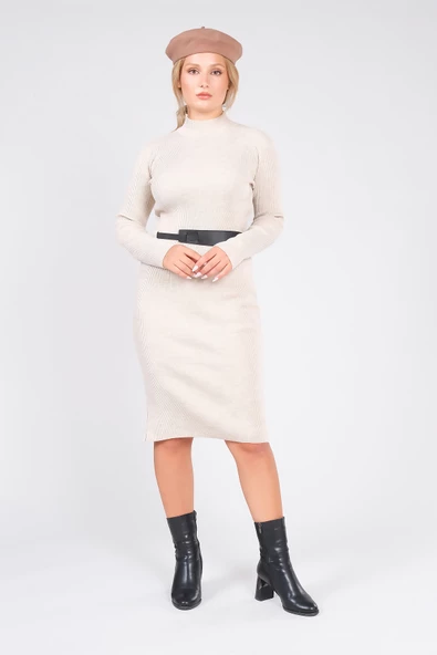 Kadın Yarım Balıkçı Kemerli Triko Elbise Bej - 2