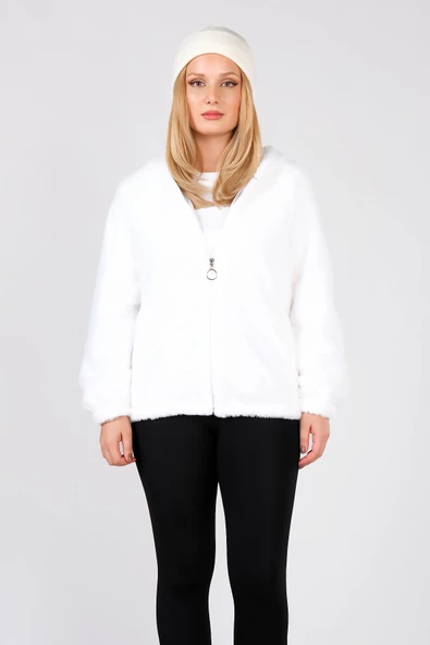 Kadın Kapüşonlu Peluş Mont Beyaz - 5