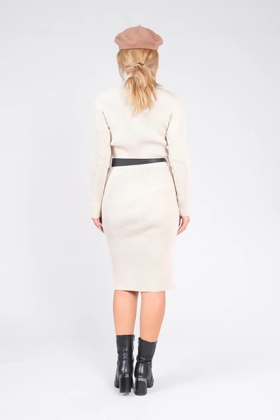 Kadın Yarım Balıkçı Kemerli Triko Elbise Bej - 6