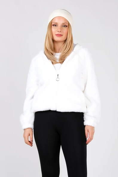 Kadın Kapüşonlu Peluş Mont Beyaz - 2