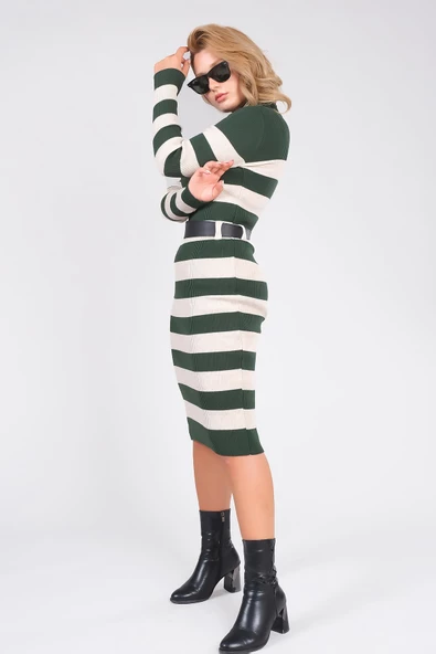 Kadın Kemerli Çizgili Triko Elbise Zümrüt - 2