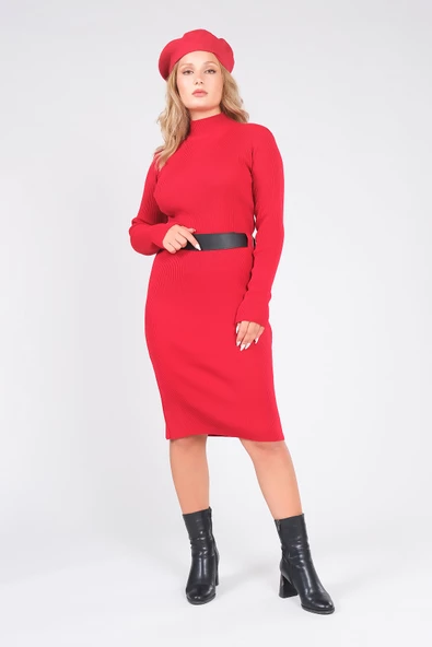 Kadın Yarım Balıkçı Kemerli Triko Elbise Kırmızı