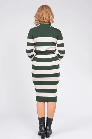 Kadın Kemerli Çizgili Triko Elbise Zümrüt - 6