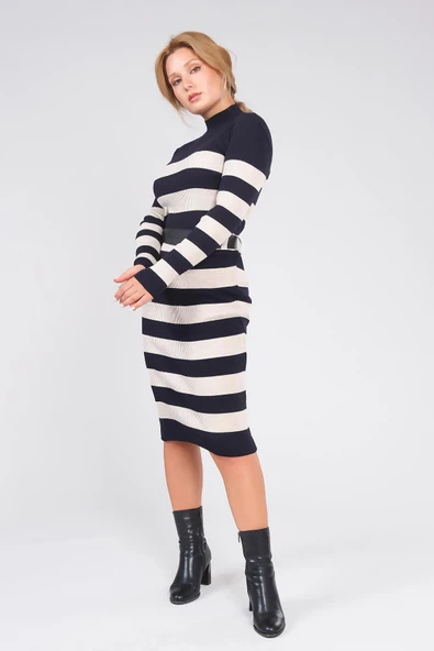 Kadın Kemerli Çizgili Triko Elbise Lacivert