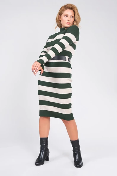 Kadın Kemerli Çizgili Triko Elbise Zümrüt - 5