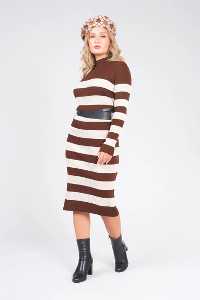 Kadın Kemerli Çizgili Triko Elbise Kahverengi - 5