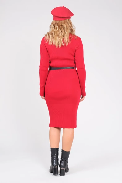 Kadın Yarım Balıkçı Kemerli Triko Elbise Kırmızı - 6