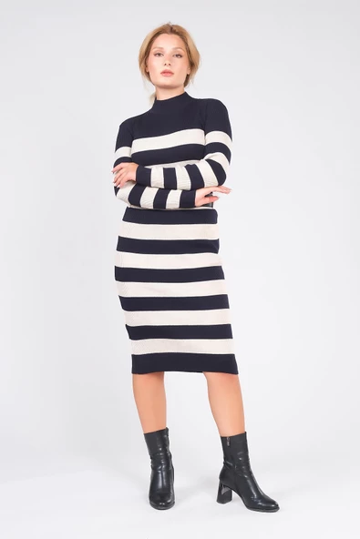 Kadın Kemerli Çizgili Triko Elbise Lacivert - 2