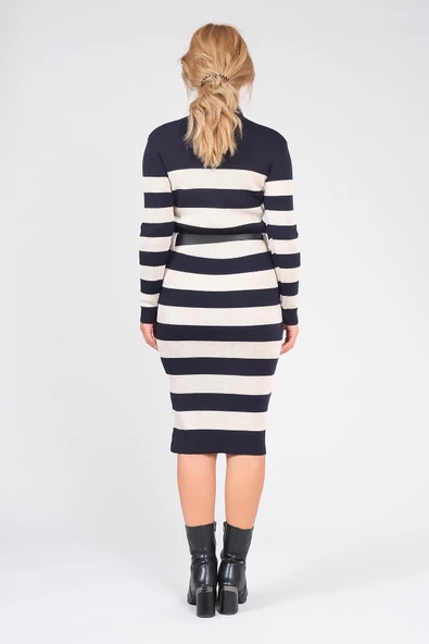 Kadın Kemerli Çizgili Triko Elbise Lacivert - 6