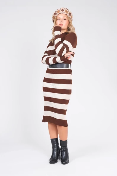 Kadın Kemerli Çizgili Triko Elbise Kahverengi - 4