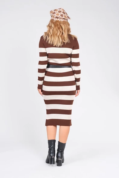 Kadın Kemerli Çizgili Triko Elbise Kahverengi - 6