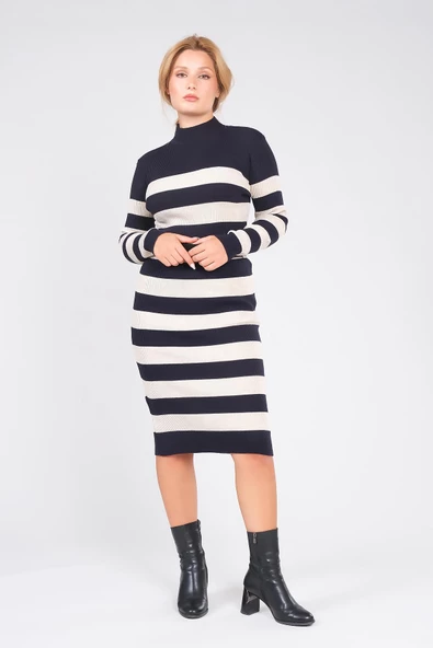 Kadın Kemerli Çizgili Triko Elbise Lacivert - 5