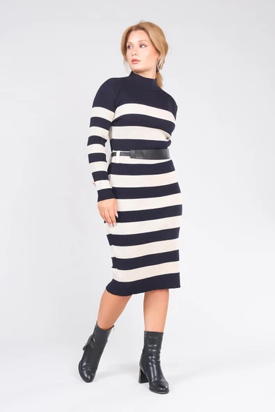 Kadın Kemerli Çizgili Triko Elbise Lacivert - 3