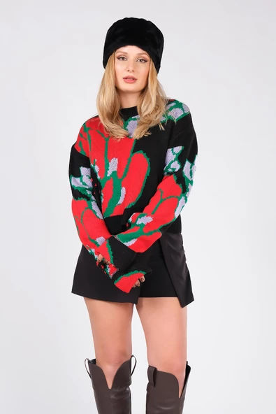 Kadın Desenli Duble Kol Crop Kazak Siyah - Resim 5