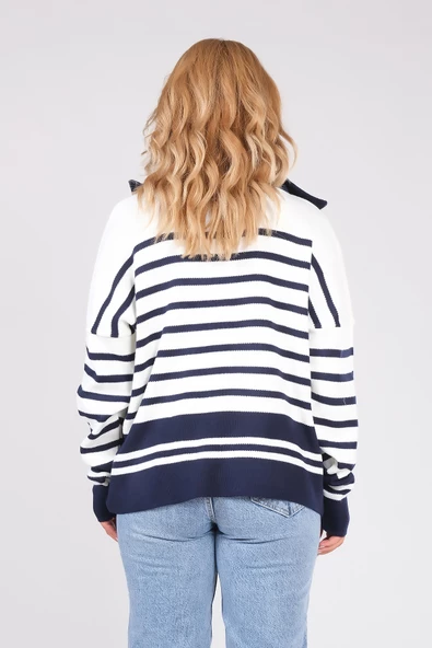 Kadın Dik Yaka Yarım Fermuarlı Çizgili Triko Kazak Lacivert - Resim 6