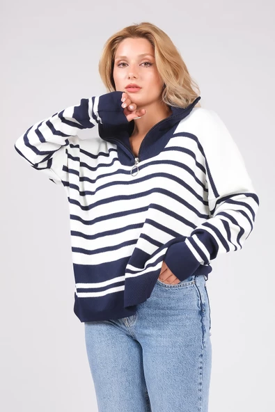 Kadın Dik Yaka Yarım Fermuarlı Çizgili Triko Kazak Lacivert - Resim 2