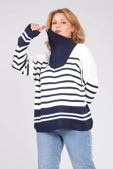 Kadın Dik Yaka Yarım Fermuarlı Çizgili Triko Kazak Lacivert - Resim 4