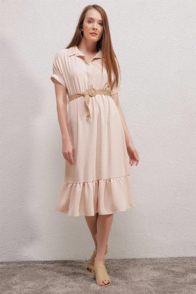 Kadın Etek Ucu Volanlı Hasır Kemerli Elbise Bej - 4