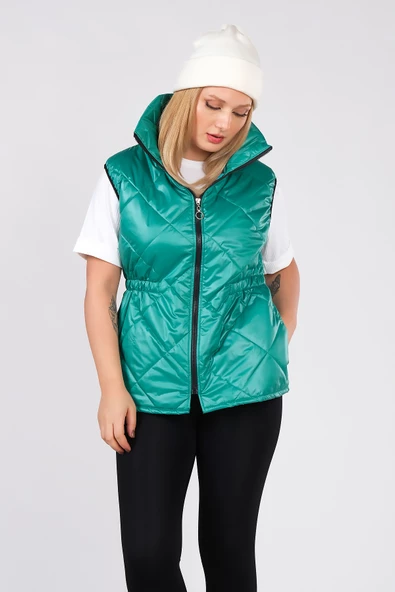 Kadın Dik Yaka Bel Büzgülü Yelek Yeşil - 5