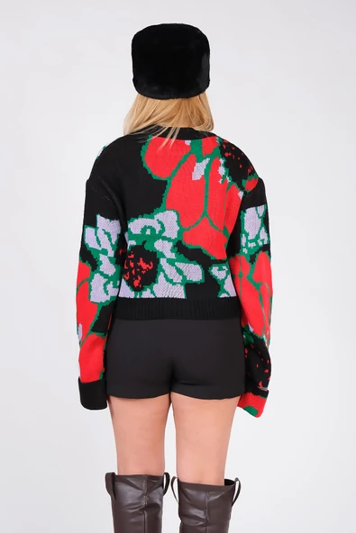 Kadın Desenli Duble Kol Crop Kazak Siyah - Resim 6