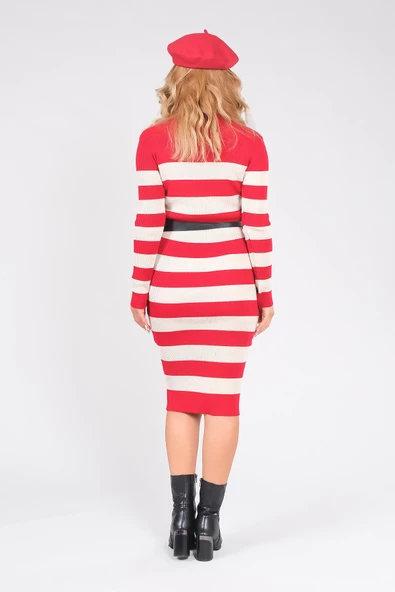 Kadın Kemerli Çizgili Triko Elbise Kırmızı - 6