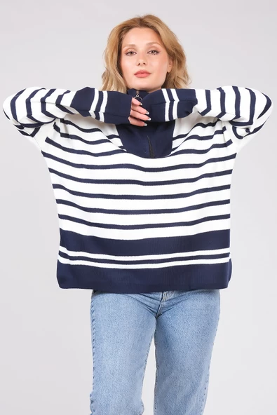 Kadın Dik Yaka Yarım Fermuarlı Çizgili Triko Kazak Lacivert - Resim 5