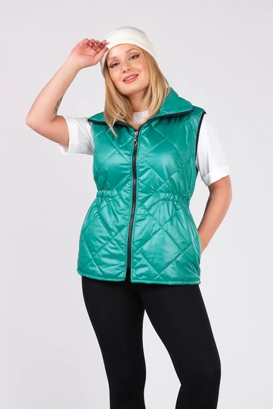 Kadın Dik Yaka Bel Büzgülü Yelek Yeşil - 2