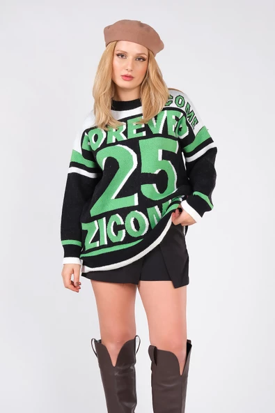 Kadın Forever Yazılı Oversize Triko Kazak Siyah