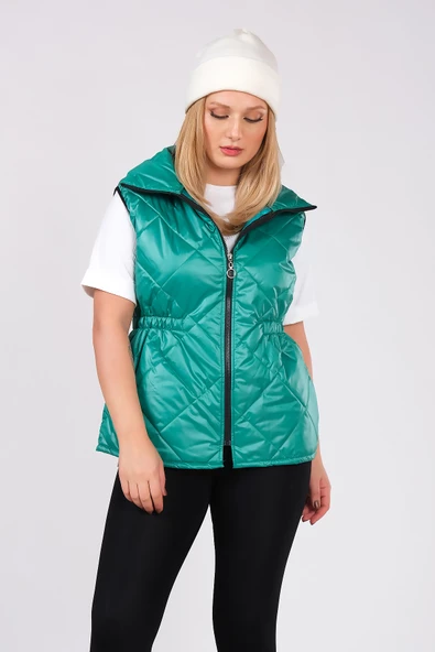 Kadın Dik Yaka Bel Büzgülü Yelek Yeşil - 3