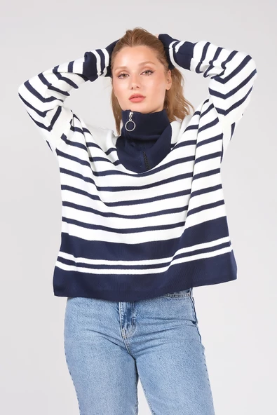Kadın Dik Yaka Yarım Fermuarlı Çizgili Triko Kazak Lacivert ürün görseli