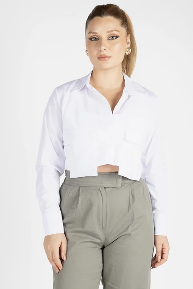 Kadın Crop Gömlek Beyaz - 5