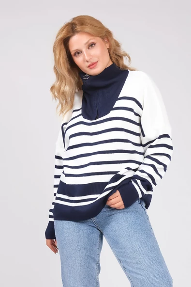 Kadın Dik Yaka Yarım Fermuarlı Çizgili Triko Kazak Lacivert - Resim 3