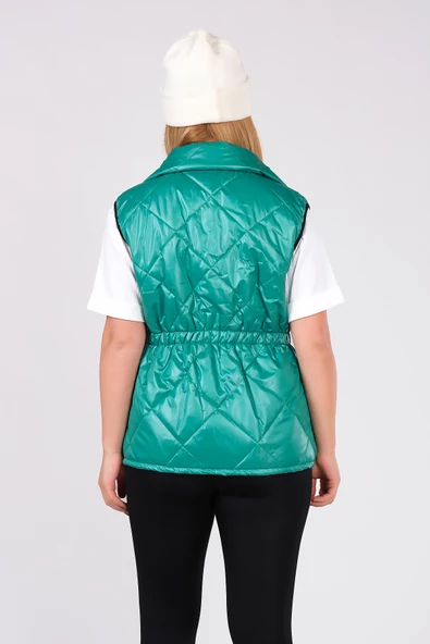 Kadın Dik Yaka Bel Büzgülü Yelek Yeşil - 6