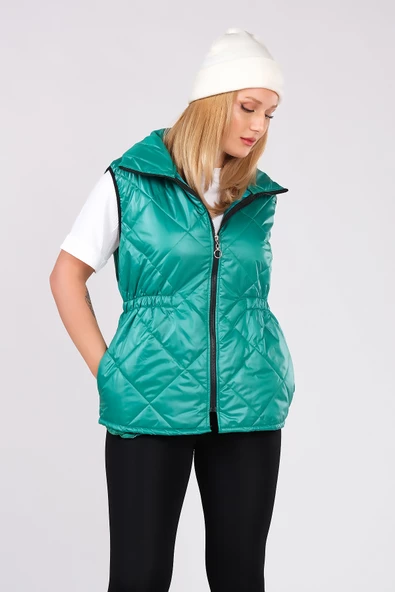 Kadın Dik Yaka Bel Büzgülü Yelek Yeşil - 4