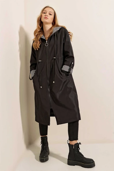 Kadın Bel Büzgülü Kapüşonlu Trençkot Siyah - 8