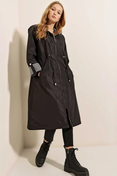 Kadın Bel Büzgülü Kapüşonlu Trençkot Siyah - 7