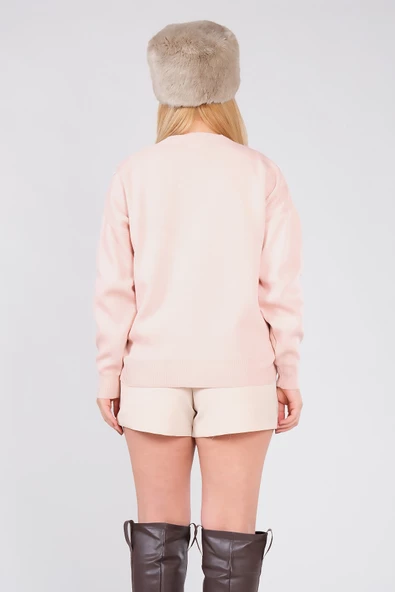 Kadın Nakış İşlemeli Oversize Kazak Pudra - 6