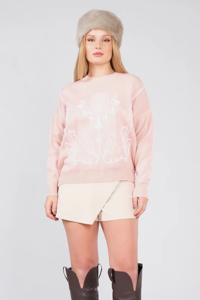 Kadın Nakış İşlemeli Oversize Kazak Pudra - 4