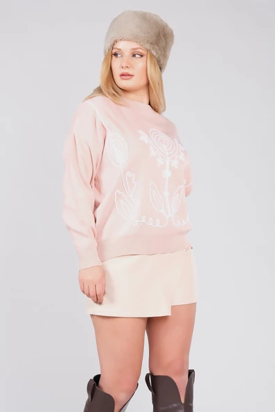Kadın Nakış İşlemeli Oversize Kazak Pudra - 5