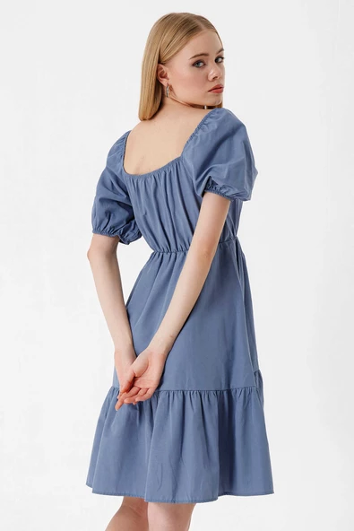 Kadın Balon Kol Kare Yaka Elbise İndigo - 5