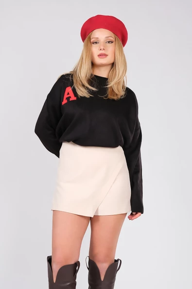 Kadın Sıfır Yaka Harf İşlemeli Oversize Kazak Siyah - 2