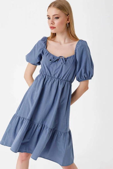 Kadın Balon Kol Kare Yaka Elbise İndigo - 4