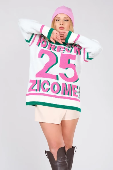 Kadın Forever Yazılı Oversize Triko Kazak Yeşil - 6